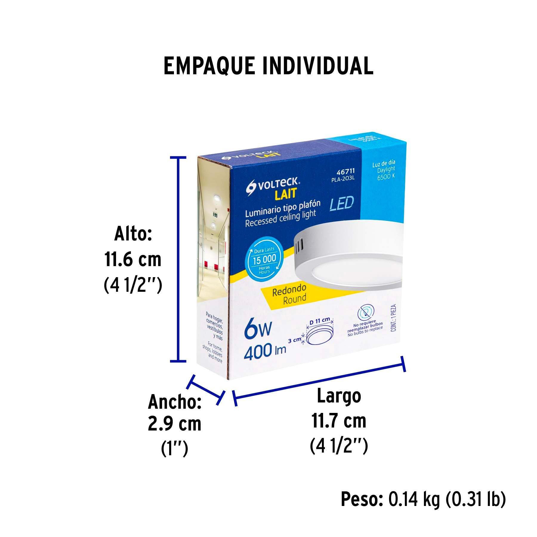 Luminario LED plafón 6W 6500K, redondo, blanco, VOLTECK | PLA-203L | 46711