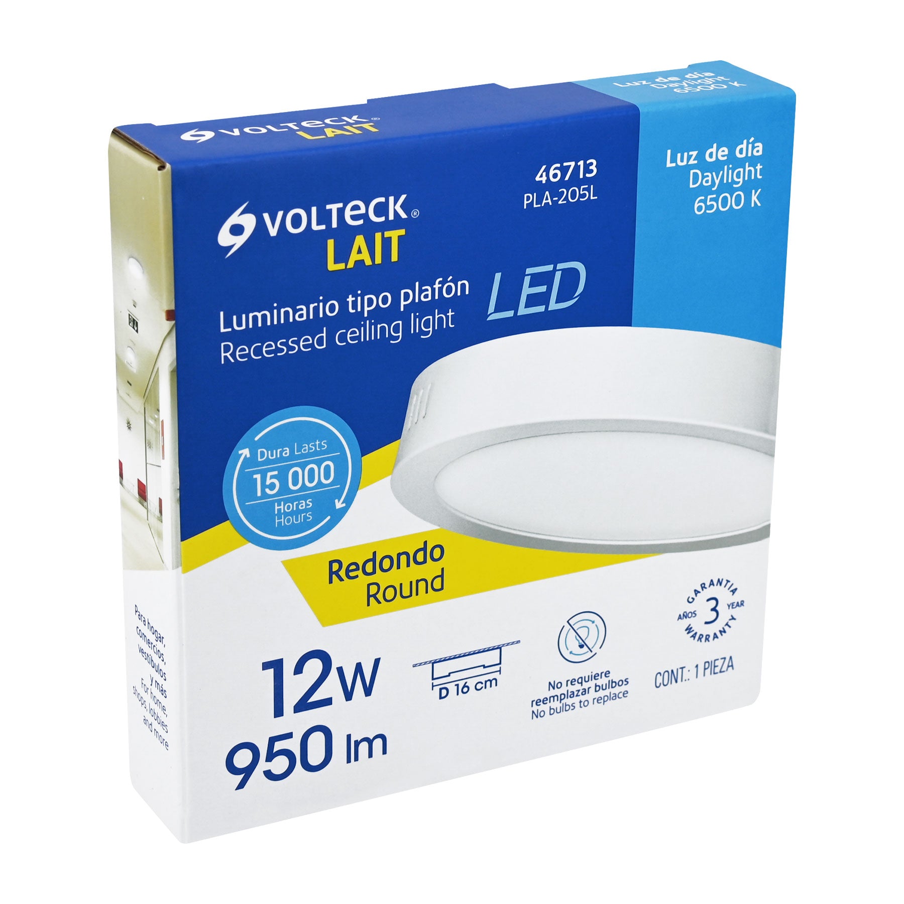 Luminario LED plafón 12W 6500K, redondo, blanco, VOLTECK | PLA-205L | 46713