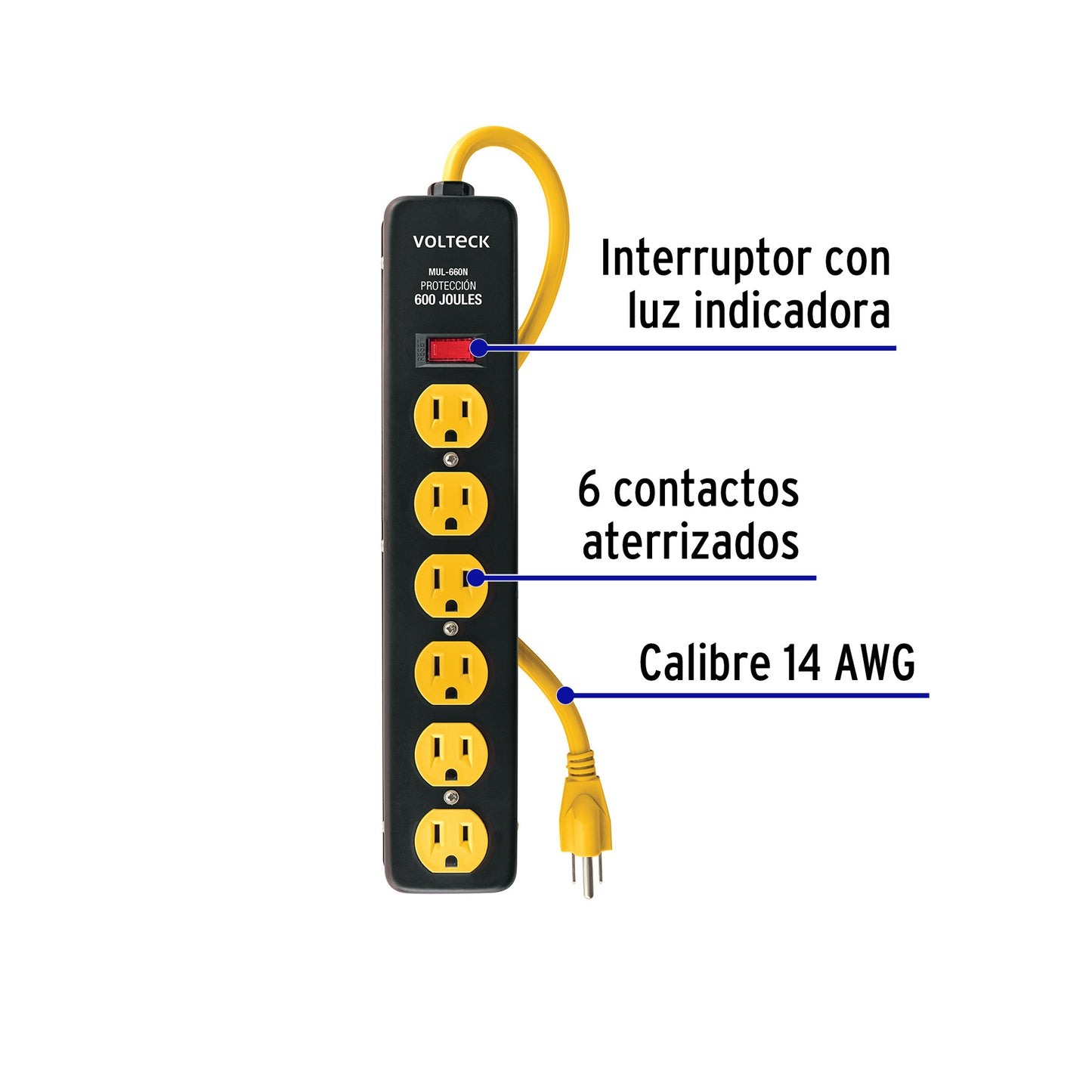 Multicontacto 14 AWG, 6 entradas sup. de picos 600 J, negro | MUL-660N | 46719