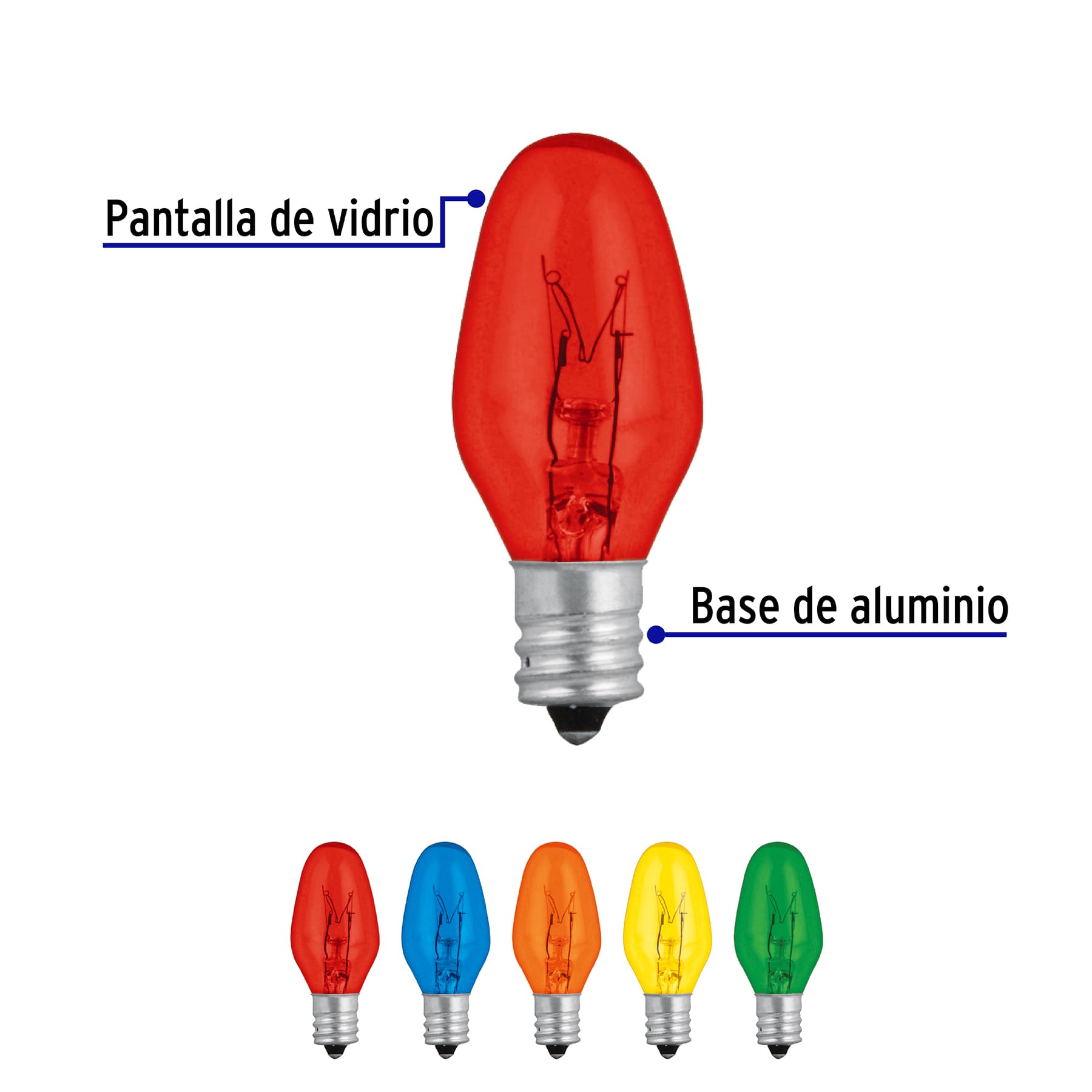 Caja con 50 focos incandescentes de colores base E12 7.5W | FI-50C | 46822