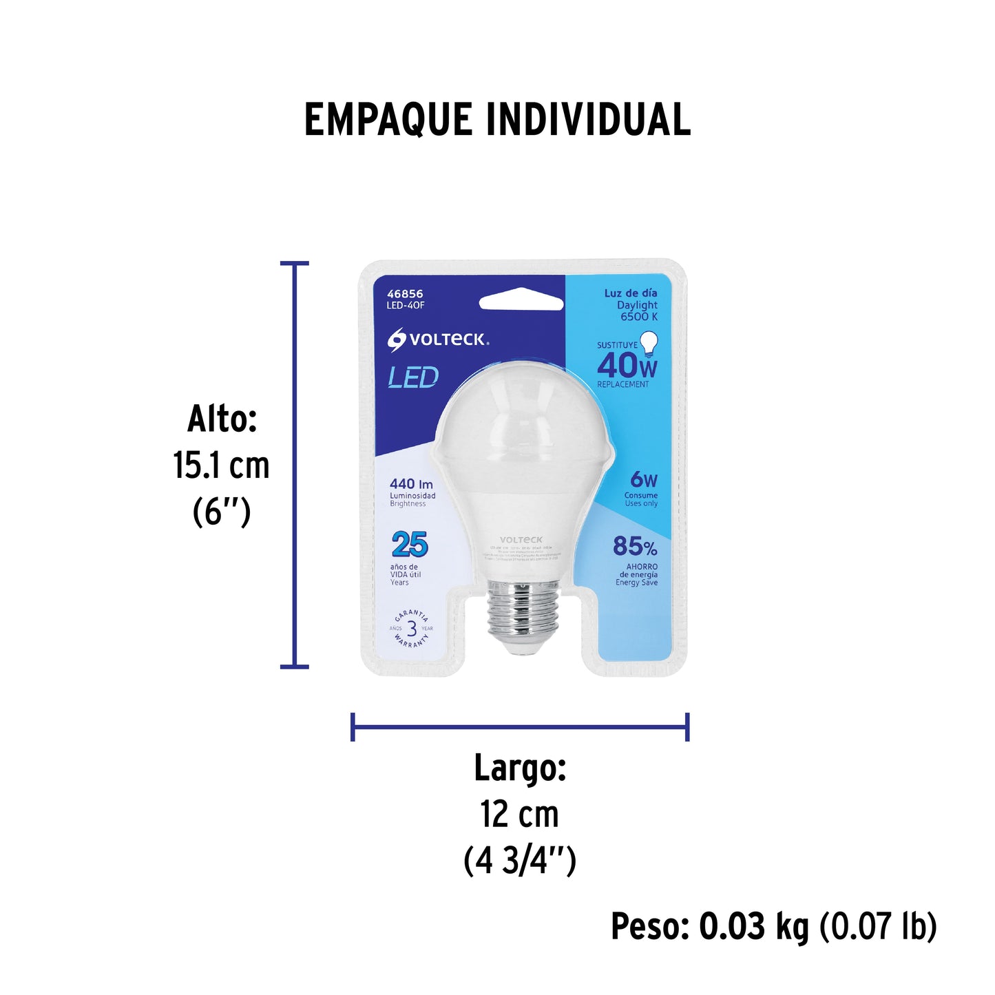 Lámpara LED A19 6 W (equiv. 40 W) luz de día blíster Volteck | LED-40F | 46856
