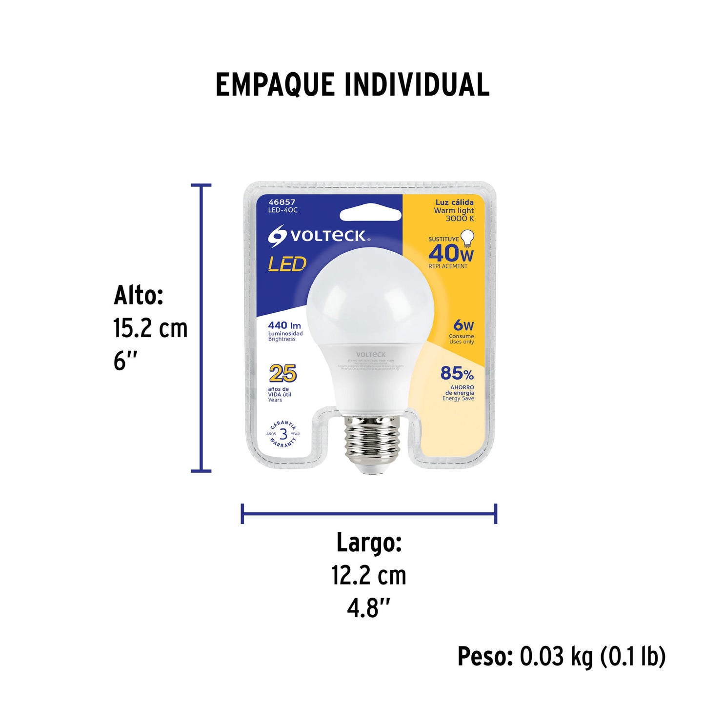 Lámpara LED A19 6 W (equiv. 40 W) luz cálida blíster Volteck | LED-40C | 46857