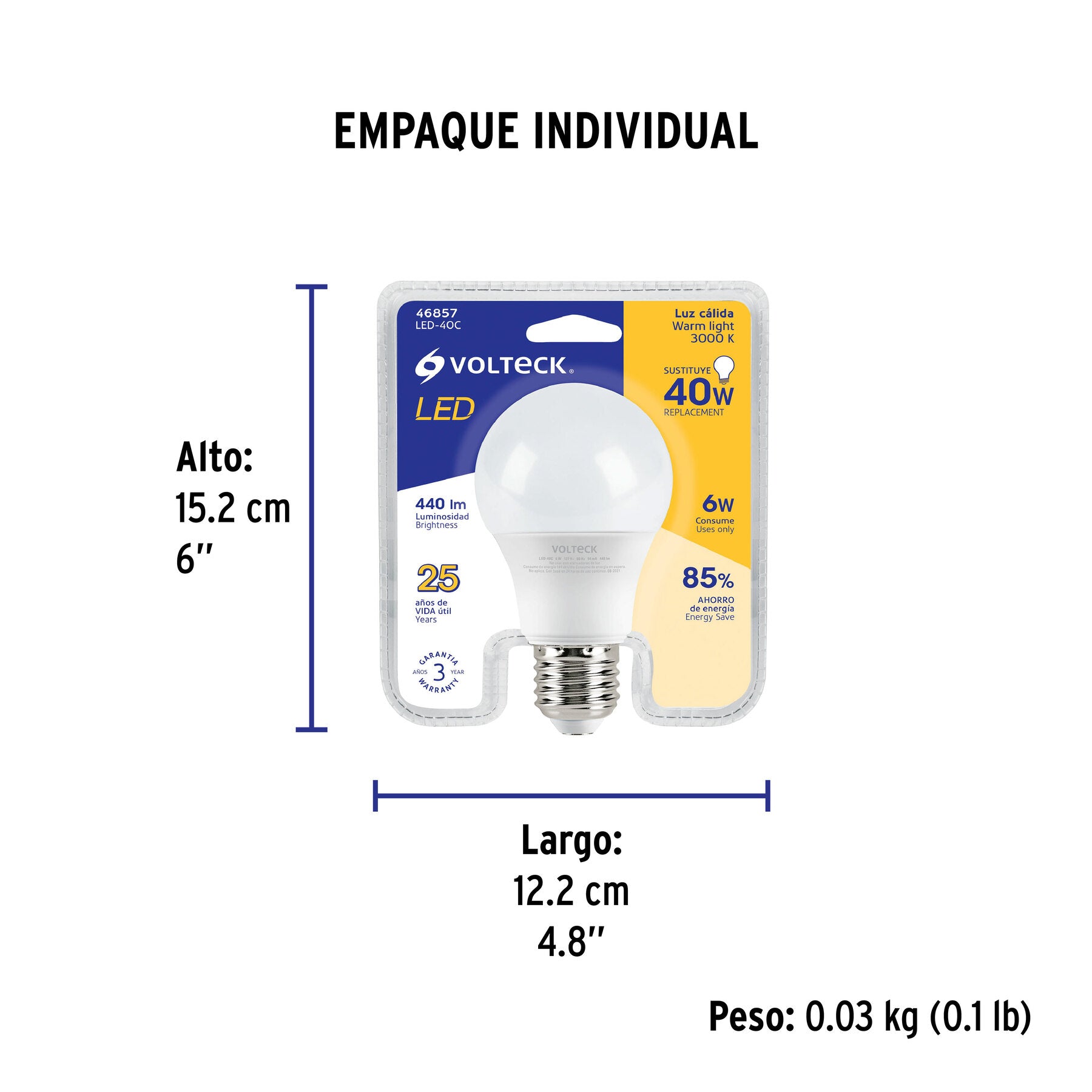 Lámpara LED A19 6 W (equiv. 40 W) luz cálida blíster Volteck | LED-40C | 46857