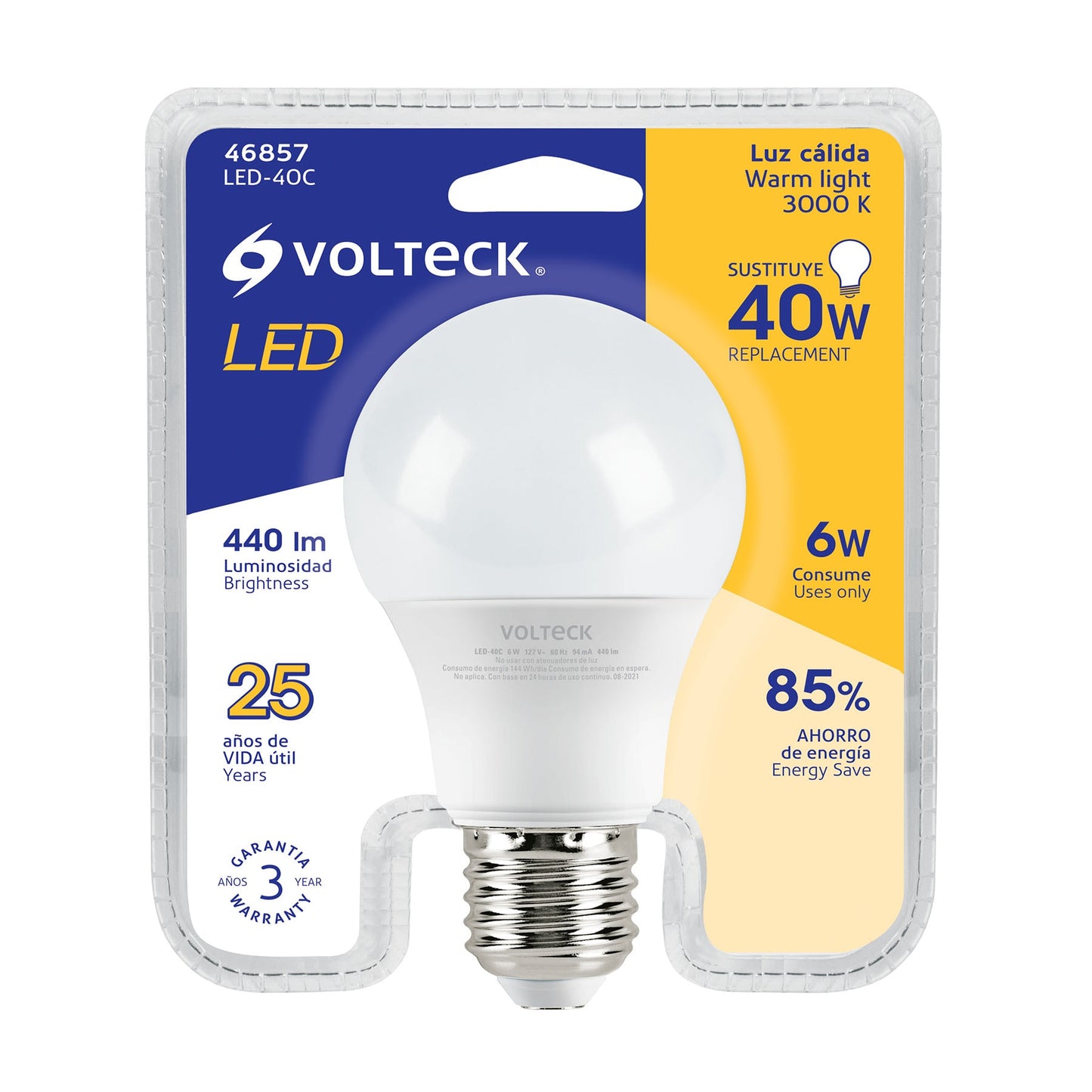 Lámpara LED A19 6 W (equiv. 40 W) luz cálida blíster Volteck | LED-40C | 46857