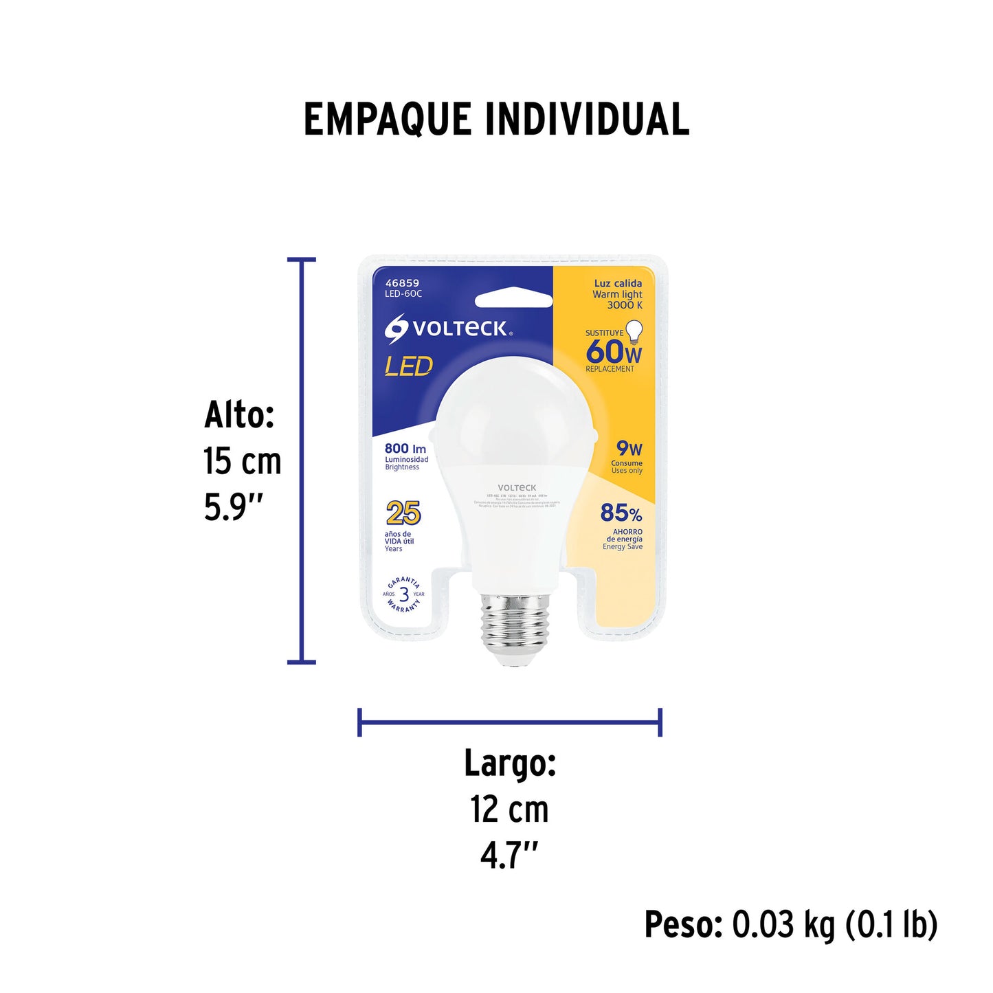 Lámpara LED A19 9 W (equiv. 60 W) luz cálida blíster Volteck | LED-60C | 46859