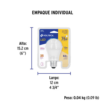 Lámpara LED A19 12 W (equiv. 75W) luz cálida blíster Volteck | LED-75C | 46861