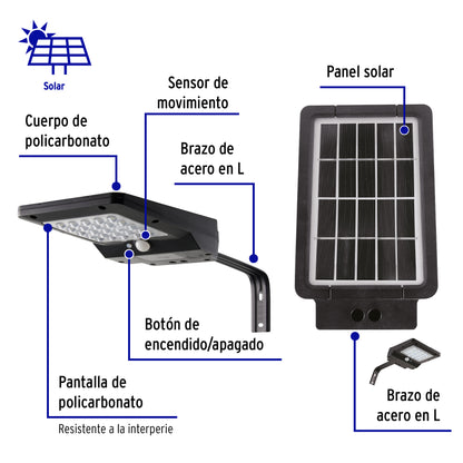 Luminario suburbano solar LED 4 W 6500 K con sensor de luz | SUB-900L | 46956