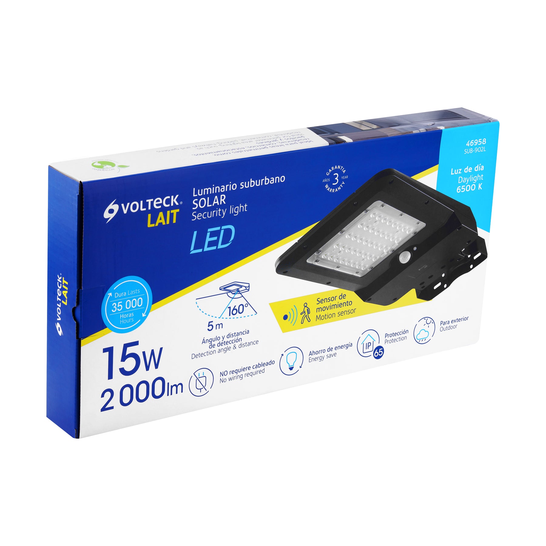 Luminario suburbano solar LED 15 W 6500 K con sensor de luz | SUB-902L | 46958