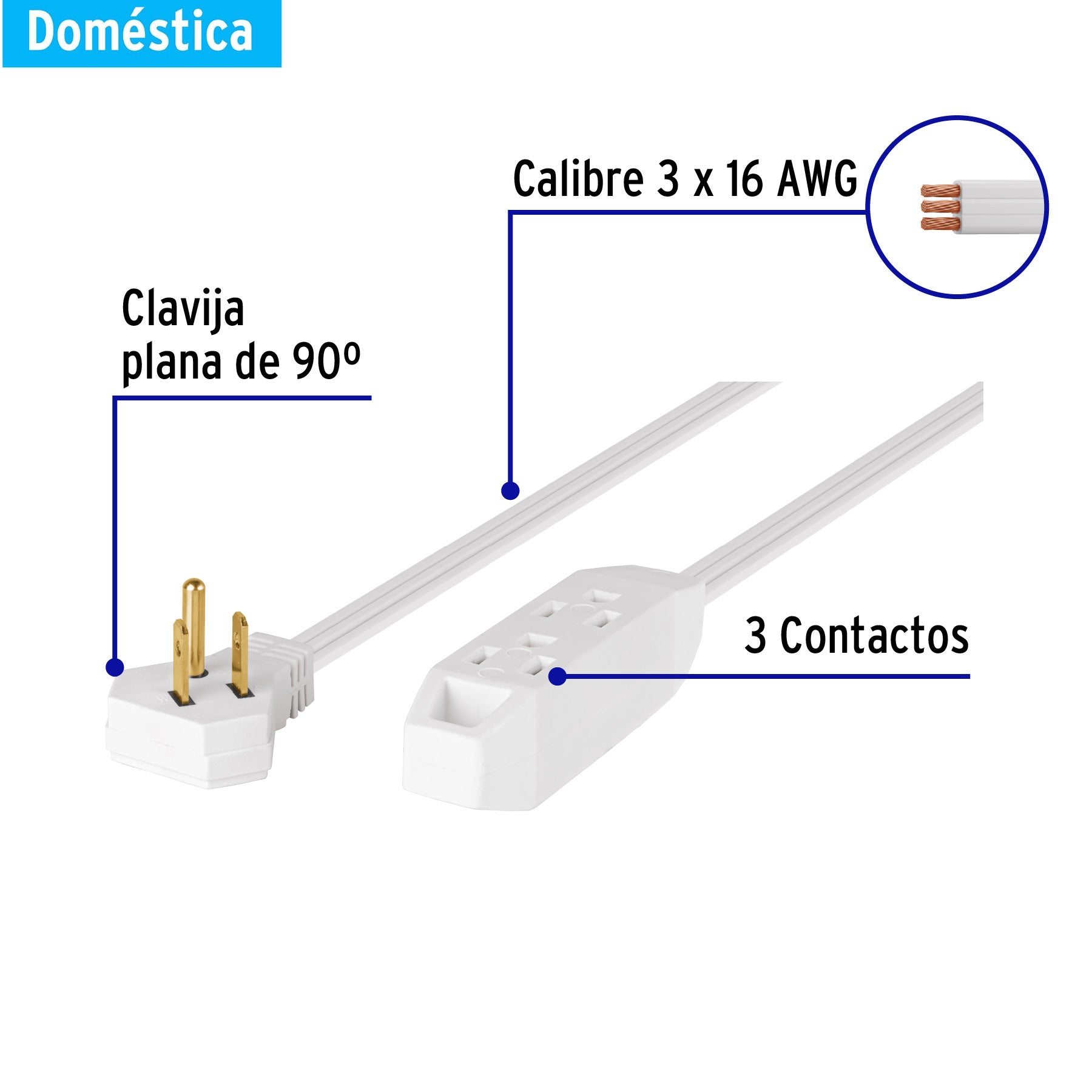 Extensión doméstica aterrizada 2 m blanca con clavija plana | EDA-2B | 46987