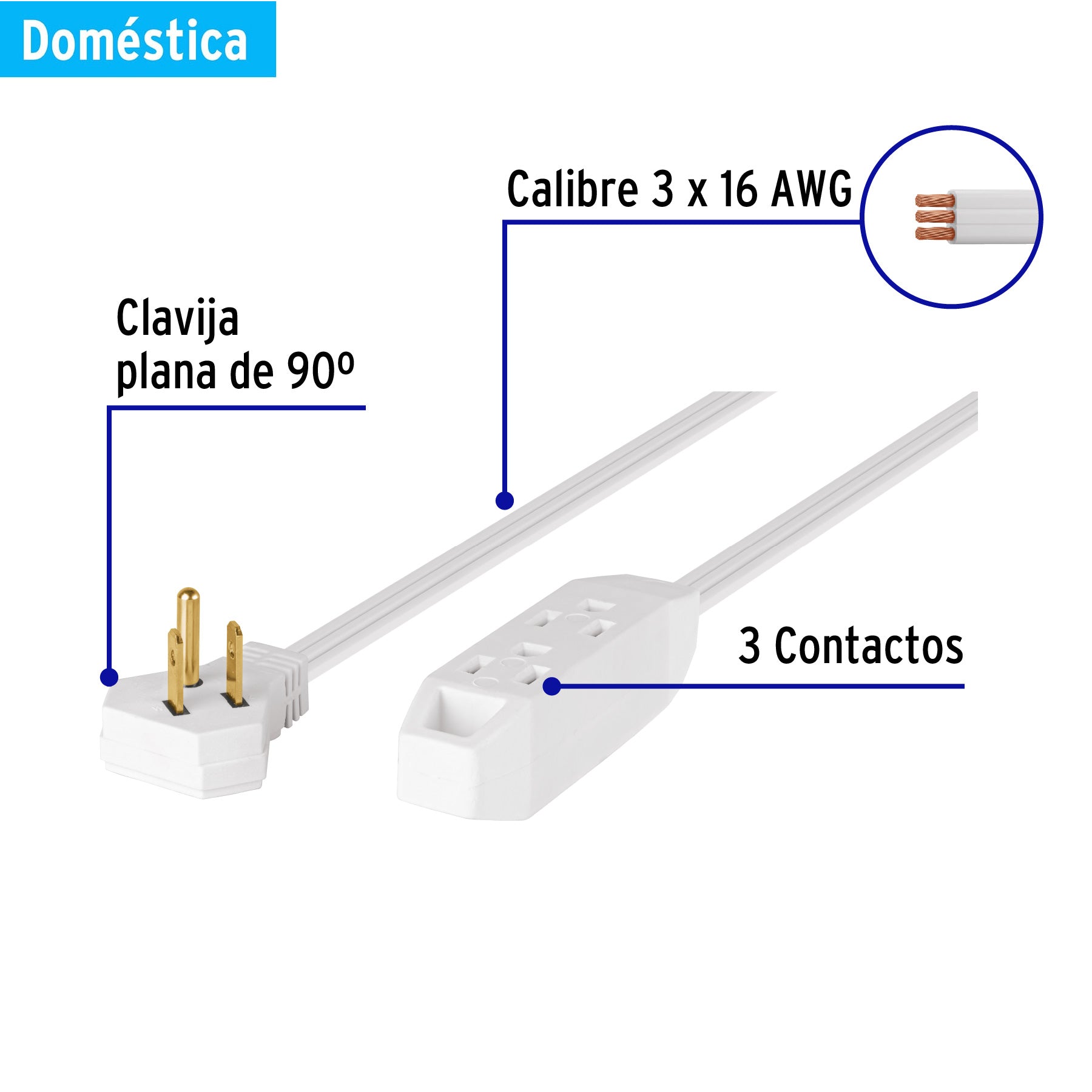 Extensión doméstica aterrizada 5 m blanca con clavija plana | EDA-5B | 46989