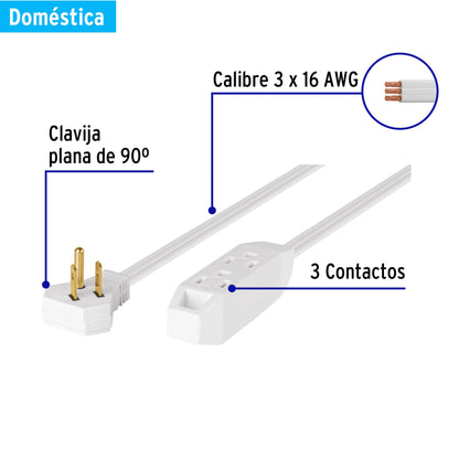 Extensión doméstica aterrizada 5 m blanca con clavija plana | EDA-5B | 46989
