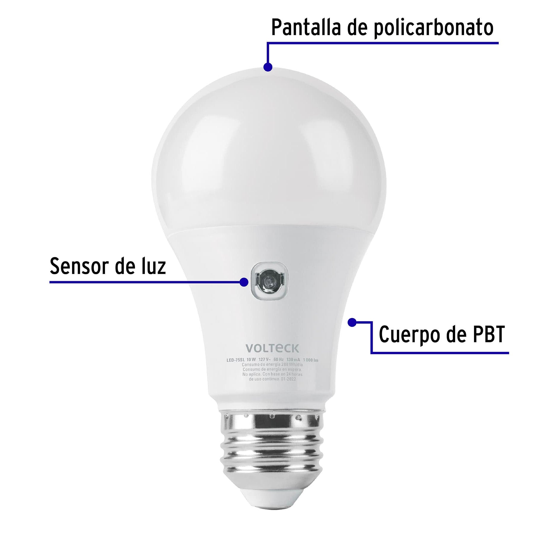 Lámpara LED tipo bulbo A19 10 W con sensor de luz, Volteck | LED-75SL | 46990