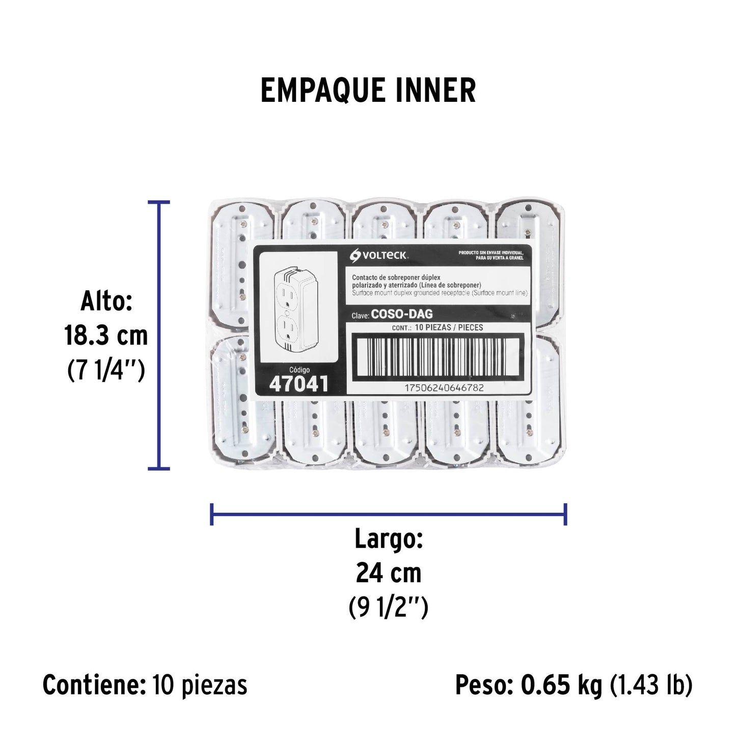 Contacto de sobreponer dúplex, 2 polos+tierra a granel | COSO-DAG | 47041
