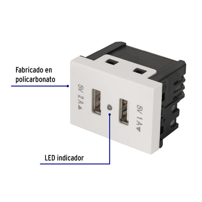 Toma con 2 puertos USB, 1.5 módulos, línea Española, blanco | C2USB-EB | 47057