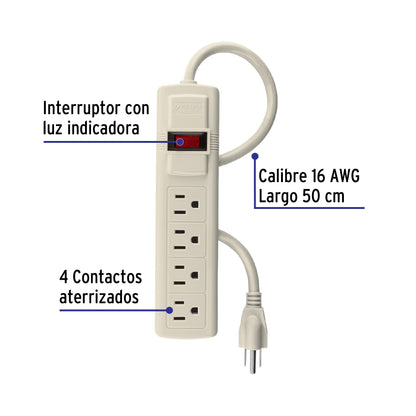Multicontacto 16 AWG uso rudo con 4 entradas, Volteck | MUL-4 | 47181