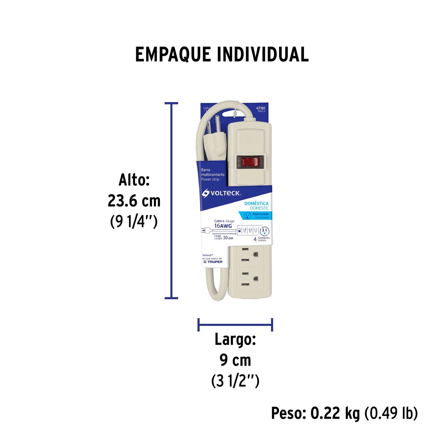 Multicontacto 16 AWG uso rudo con 4 entradas, Volteck | MUL-4 | 47181