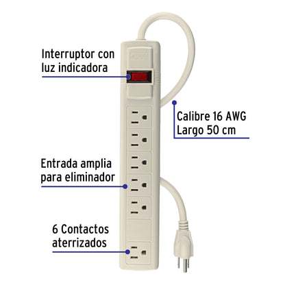 Multicontacto 16 AWG uso rudo con 6 entradas, Volteck | MUL-6 | 47182