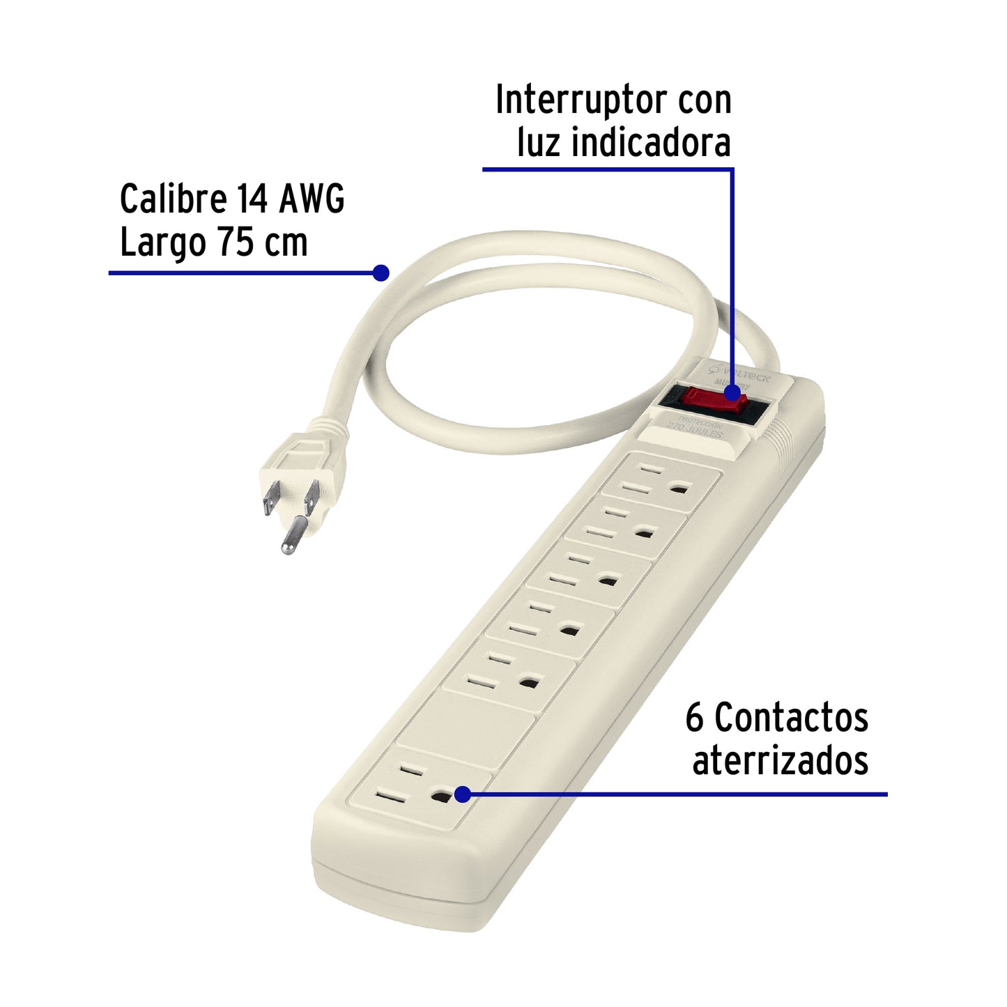 Multicontacto 14 AWG 6 entradas supresor de picos 270 joules | MUL-627 | 47183