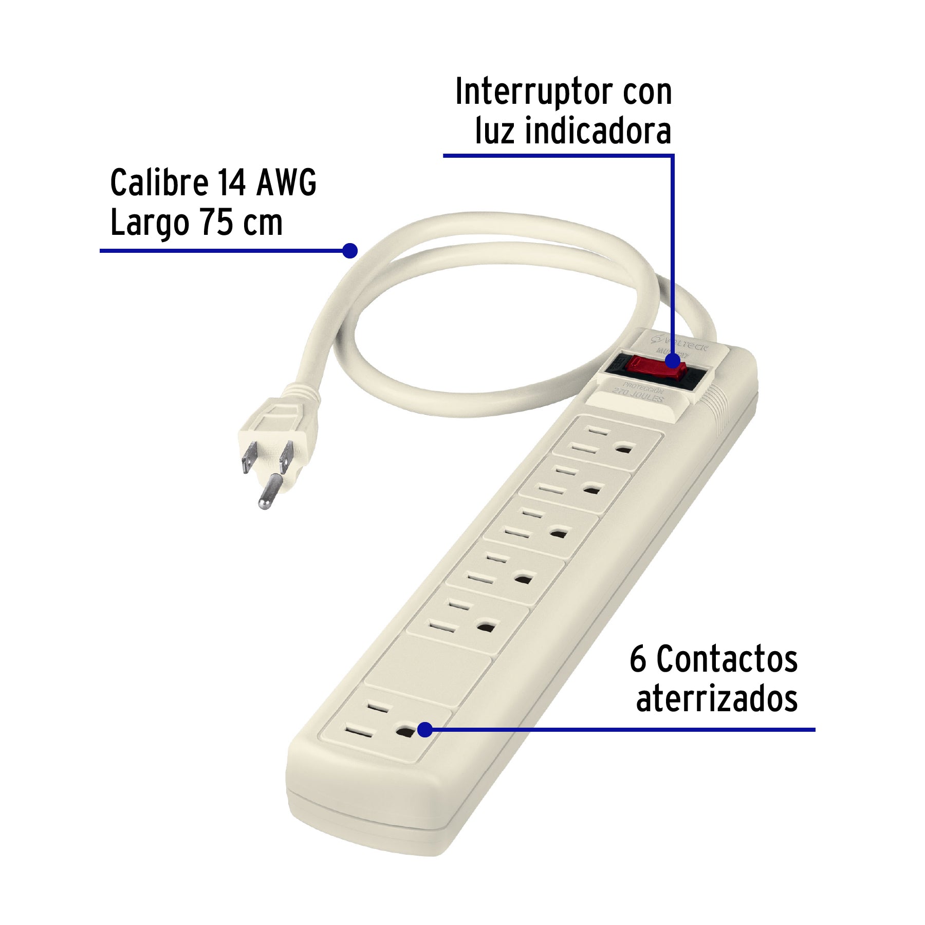 Multicontacto 14 AWG 6 entradas supresor de picos 270 joules | MUL-627 | 47183