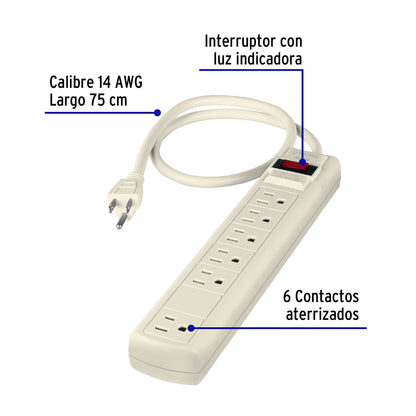 Multicontacto 14 AWG 6 entradas supresor de picos 270 joules | MUL-627 | 47183