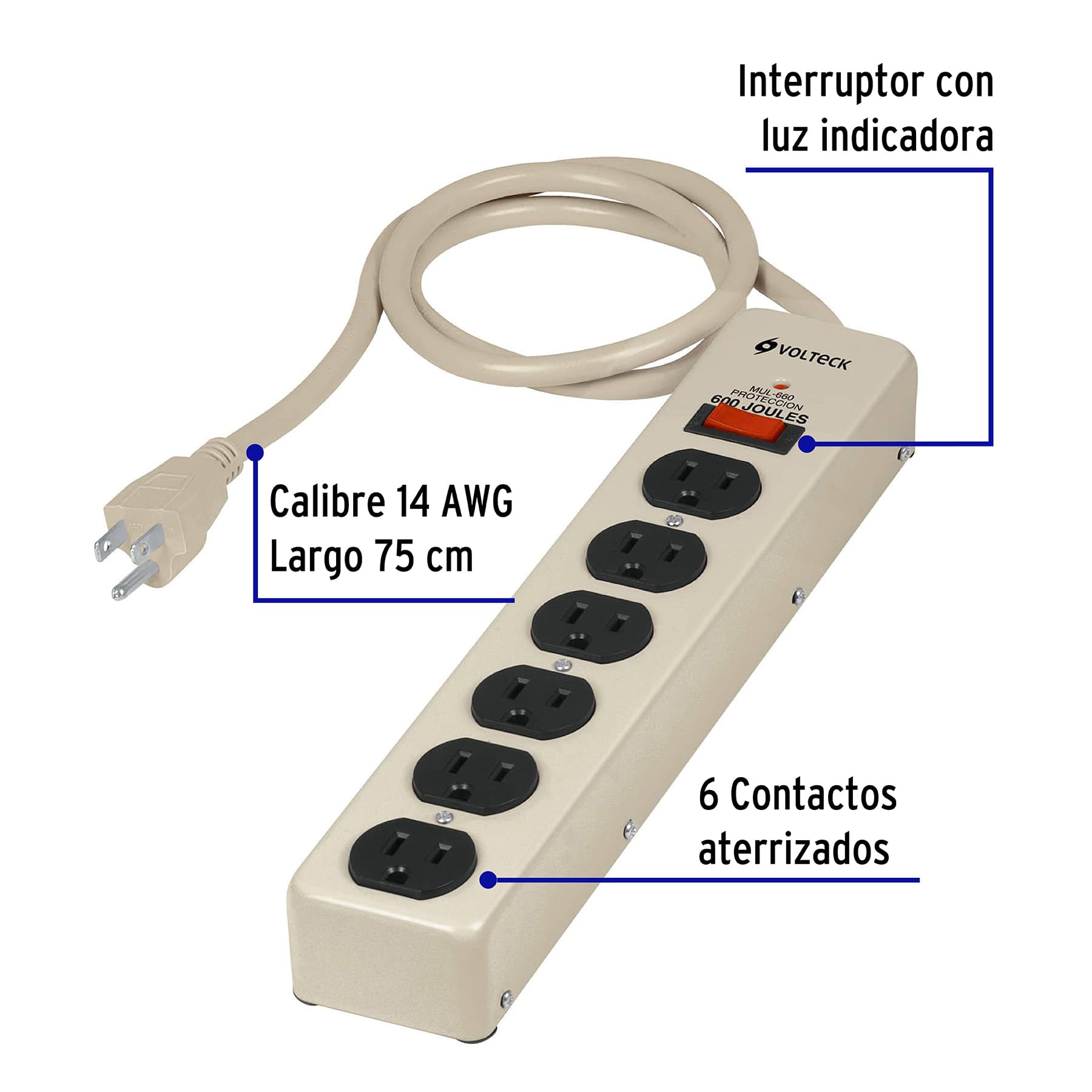 Multicontacto 14 AWG 6 entradas supresor de picos 600 joules | MUL-660 | 47185