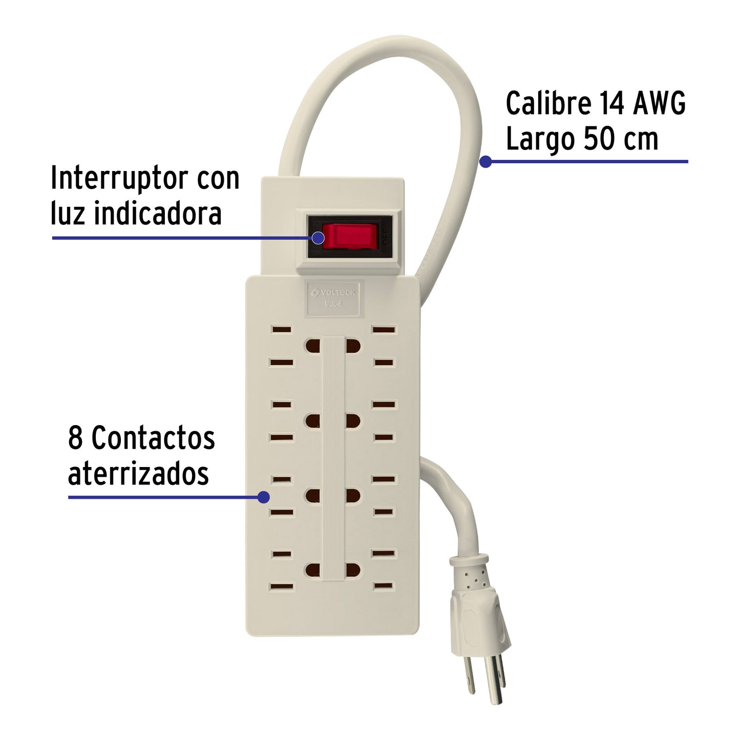 Multicontacto 14 AWG uso rudo con 8 entradas, Volteck | MUL-8 | 47186