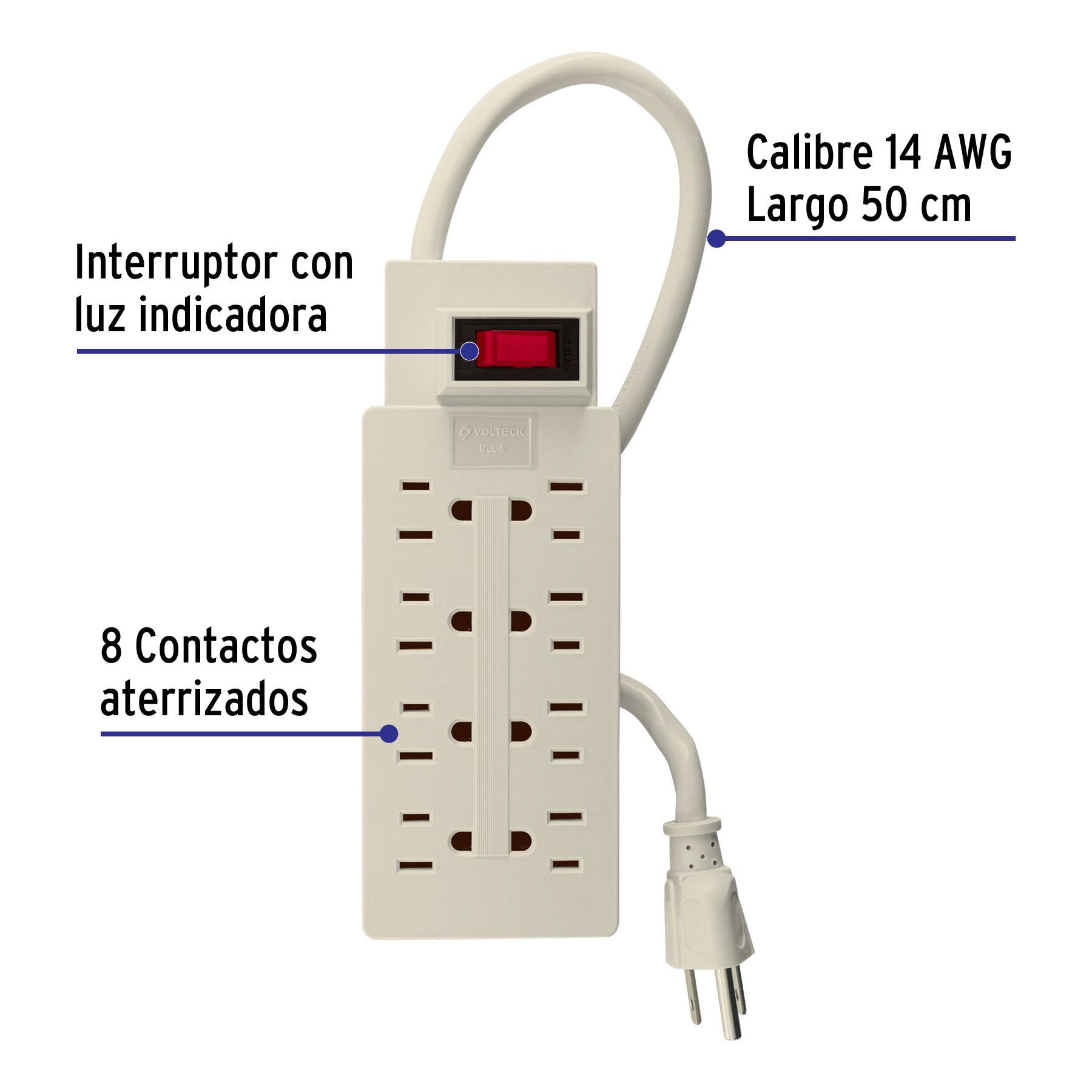 Multicontacto 14 AWG uso rudo con 8 entradas, Volteck | MUL-8 | 47186