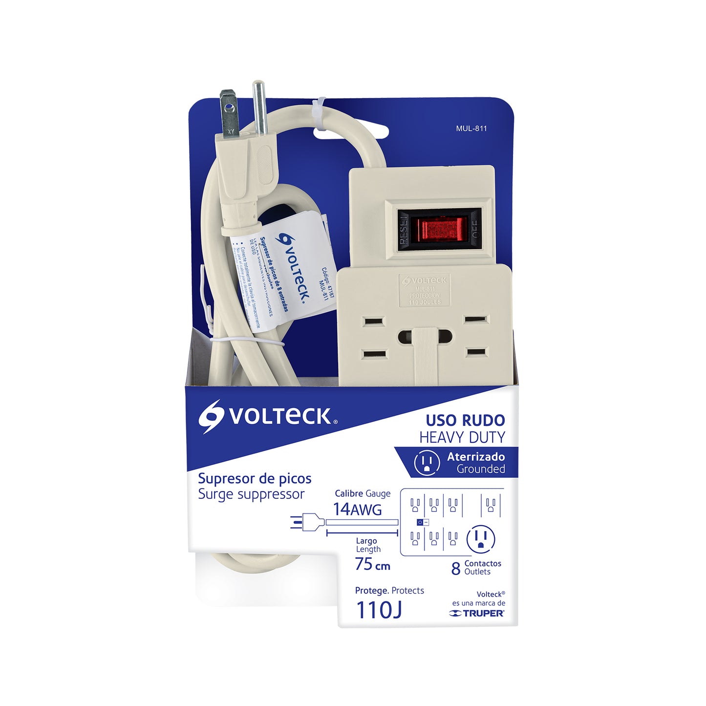 Multicontacto 14 AWG 8 entradas supresor de picos 110 joules | MUL-811 | 47187