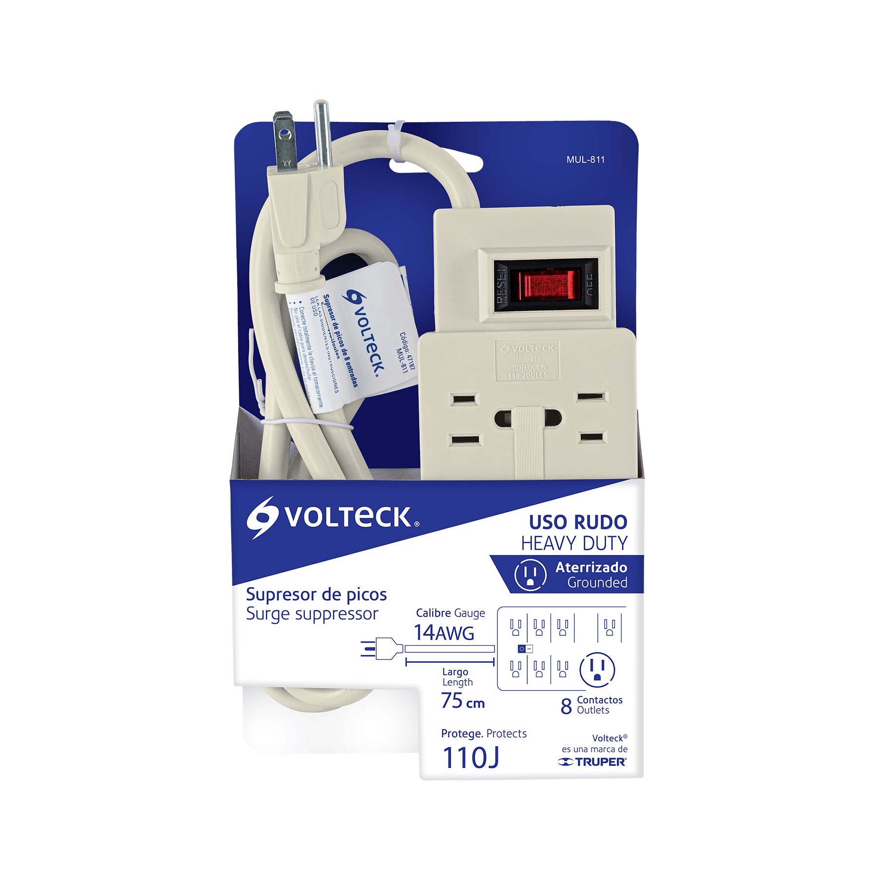 Multicontacto 14 AWG 8 entradas supresor de picos 110 joules | MUL-811 | 47187