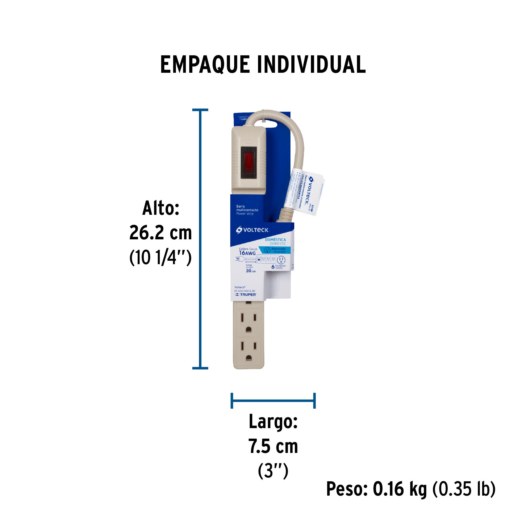 Multicontacto 16 AWG doméstico 6 entradas, Volteck | MUL-6E | 47188