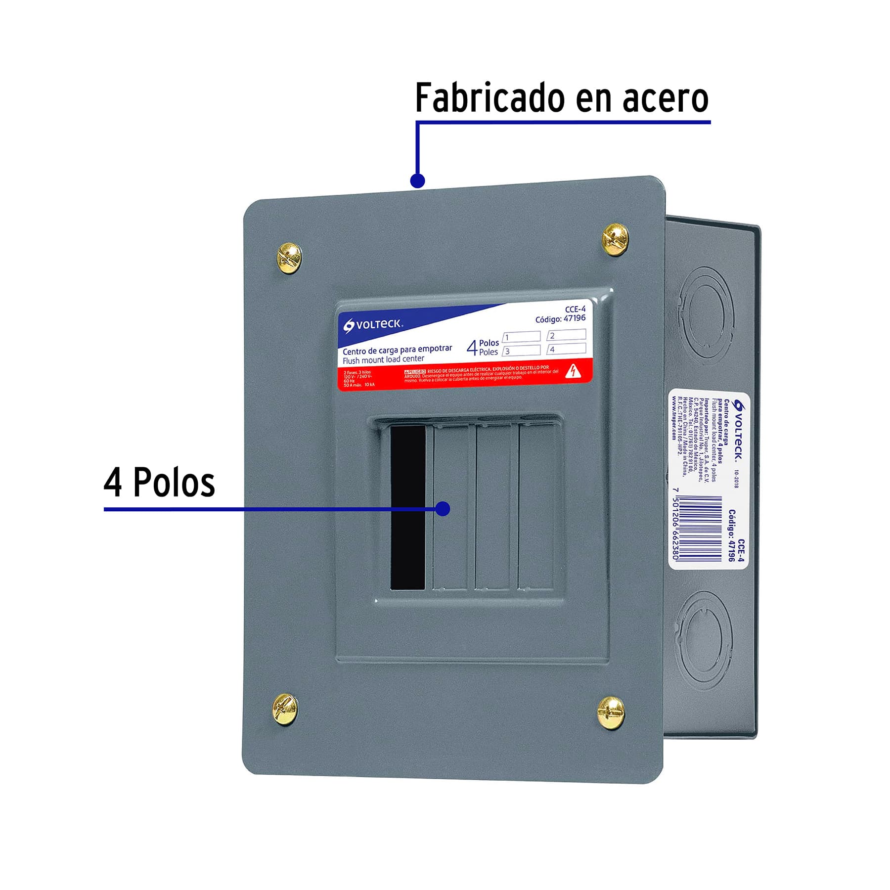 Centro de carga empotrable, 4 polos, Volteck | CCE-4 | 47196