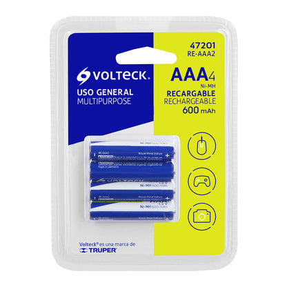 Blíster con 4 pilas recargables AAA uso general, 600 mAh | RE-AAA2 | 47201