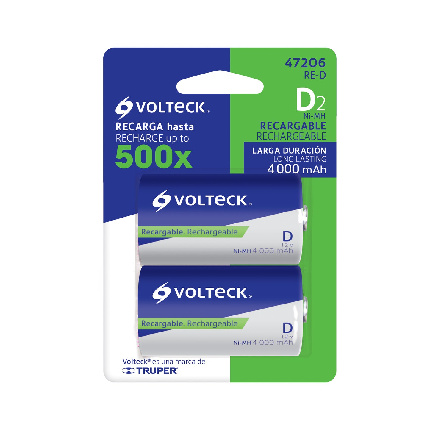 Blíster con 2 pilas recargables D larga duración, 4000 mAh | RE-D | 47206