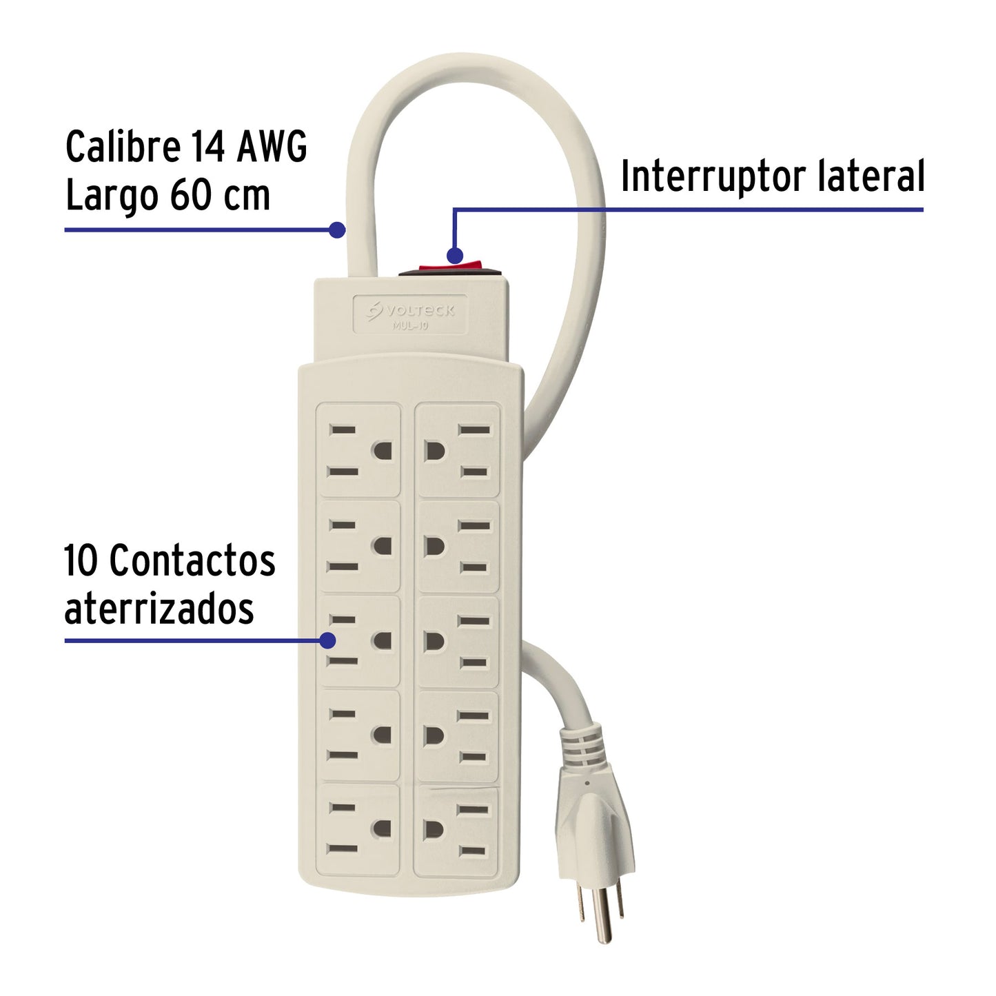 Multicontacto 14 AWG uso rudo con 10 entradas, Volteck | MUL-10 | 47234