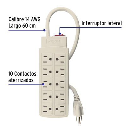 Multicontacto 14 AWG uso rudo con 10 entradas, Volteck | MUL-10 | 47234