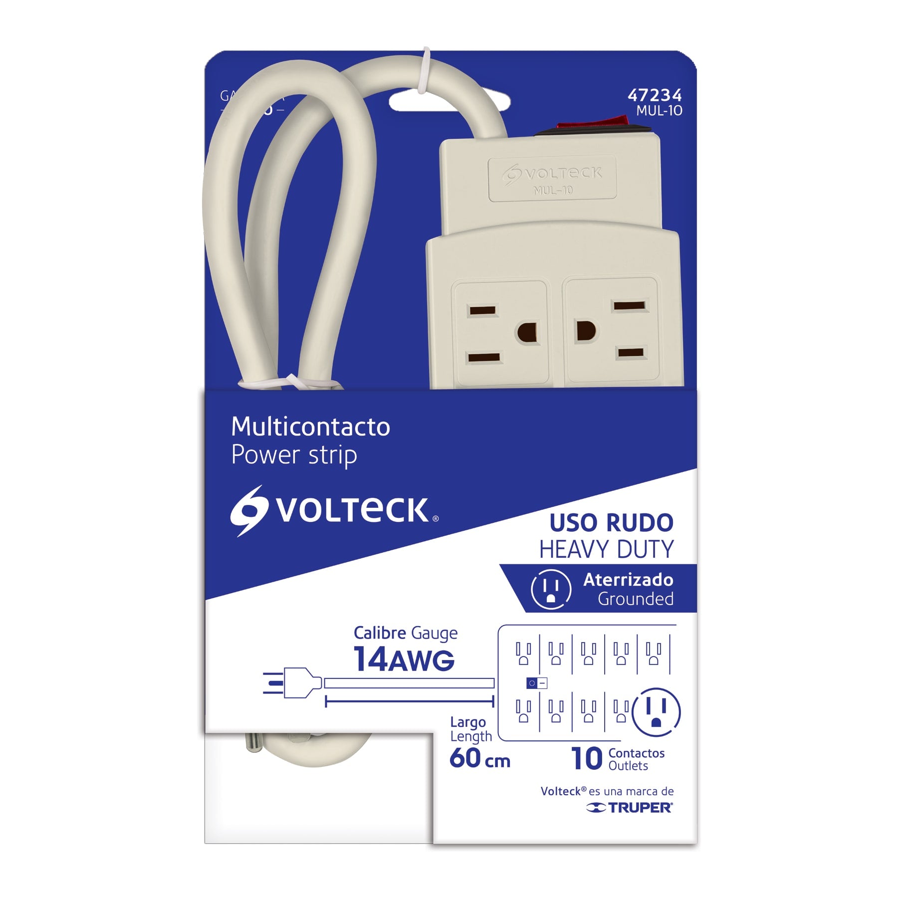 Multicontacto 14 AWG uso rudo con 10 entradas, Volteck | MUL-10 | 47234