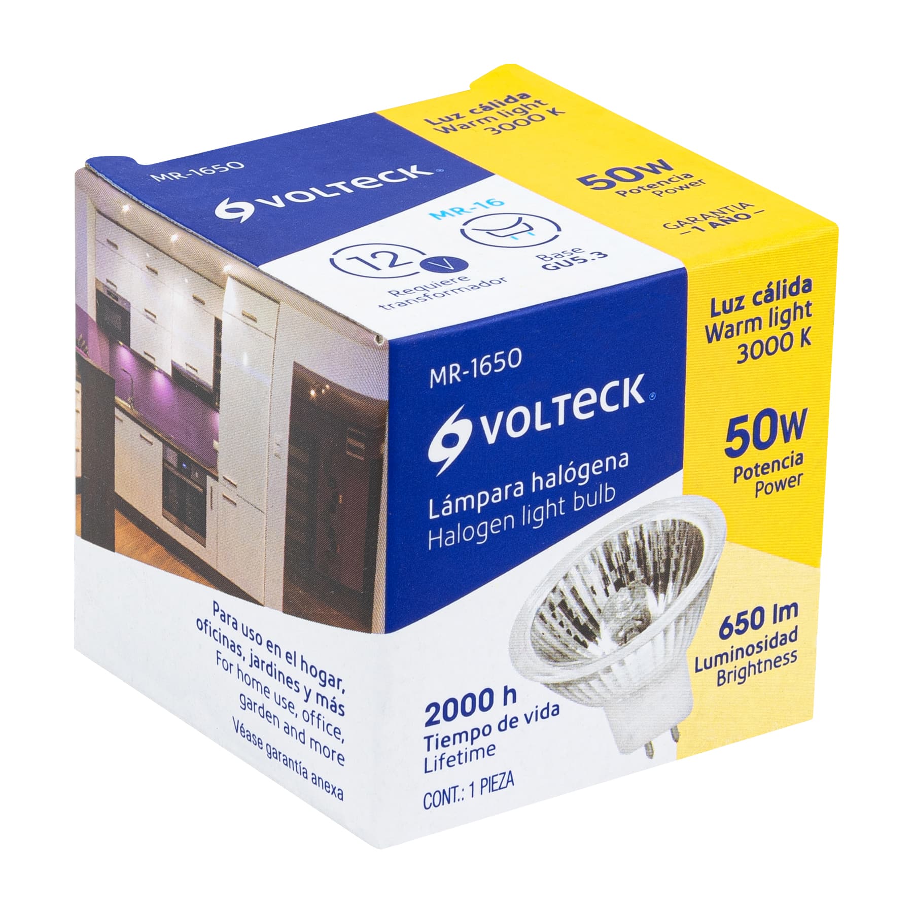 Lámpara de halógeno 50 W tipo MR 16 base GU5.3, Volteck | MR-1650 | 47253
