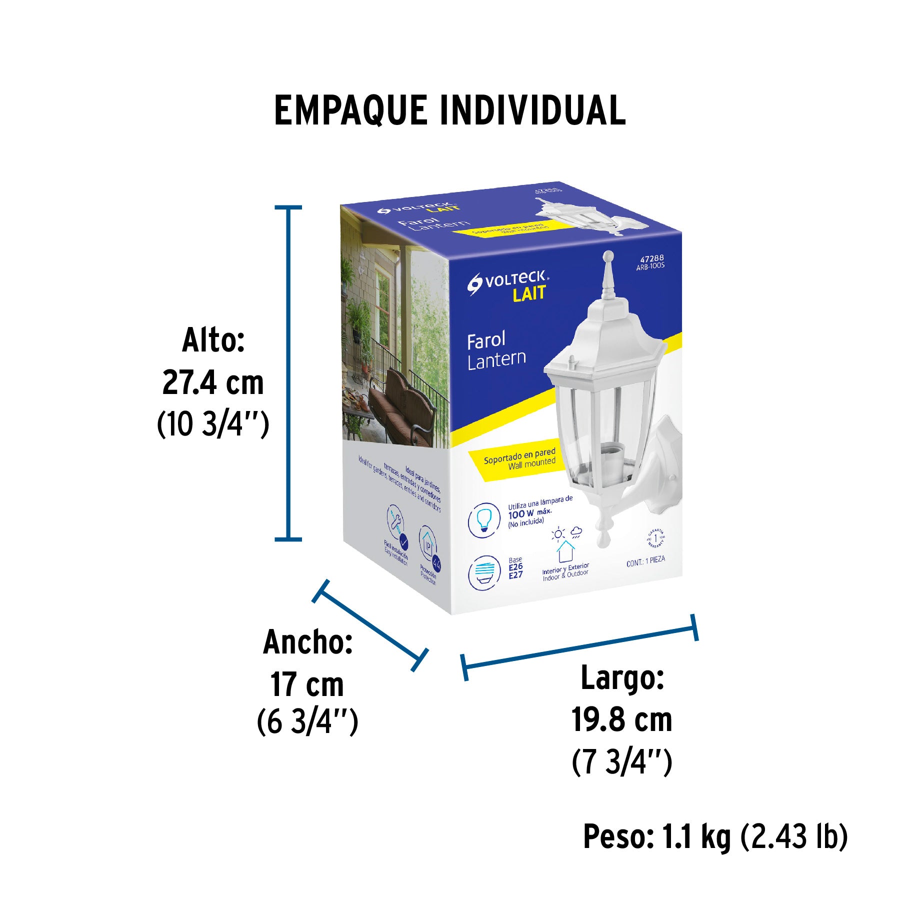 Arbotante tipo farol tradicional soportado p/exterior blanco | ARB-100S | 47288