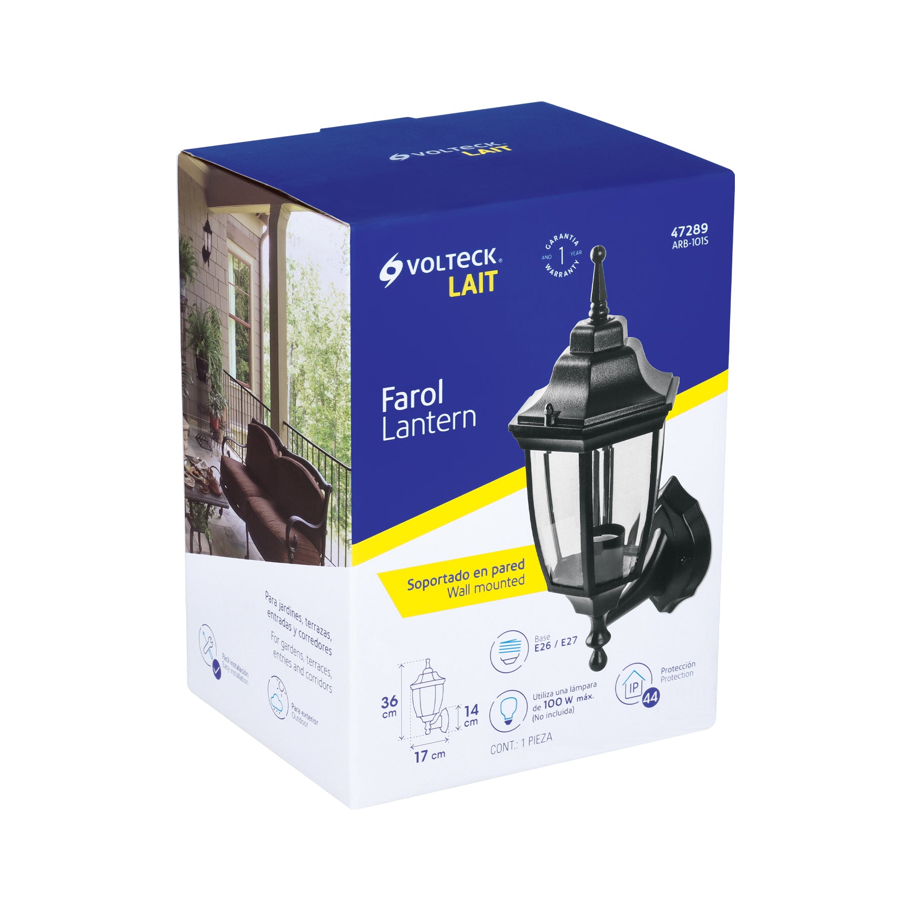 Arbotante tipo farol tradicional soportado p/exterior, negro | ARB-101S | 47289