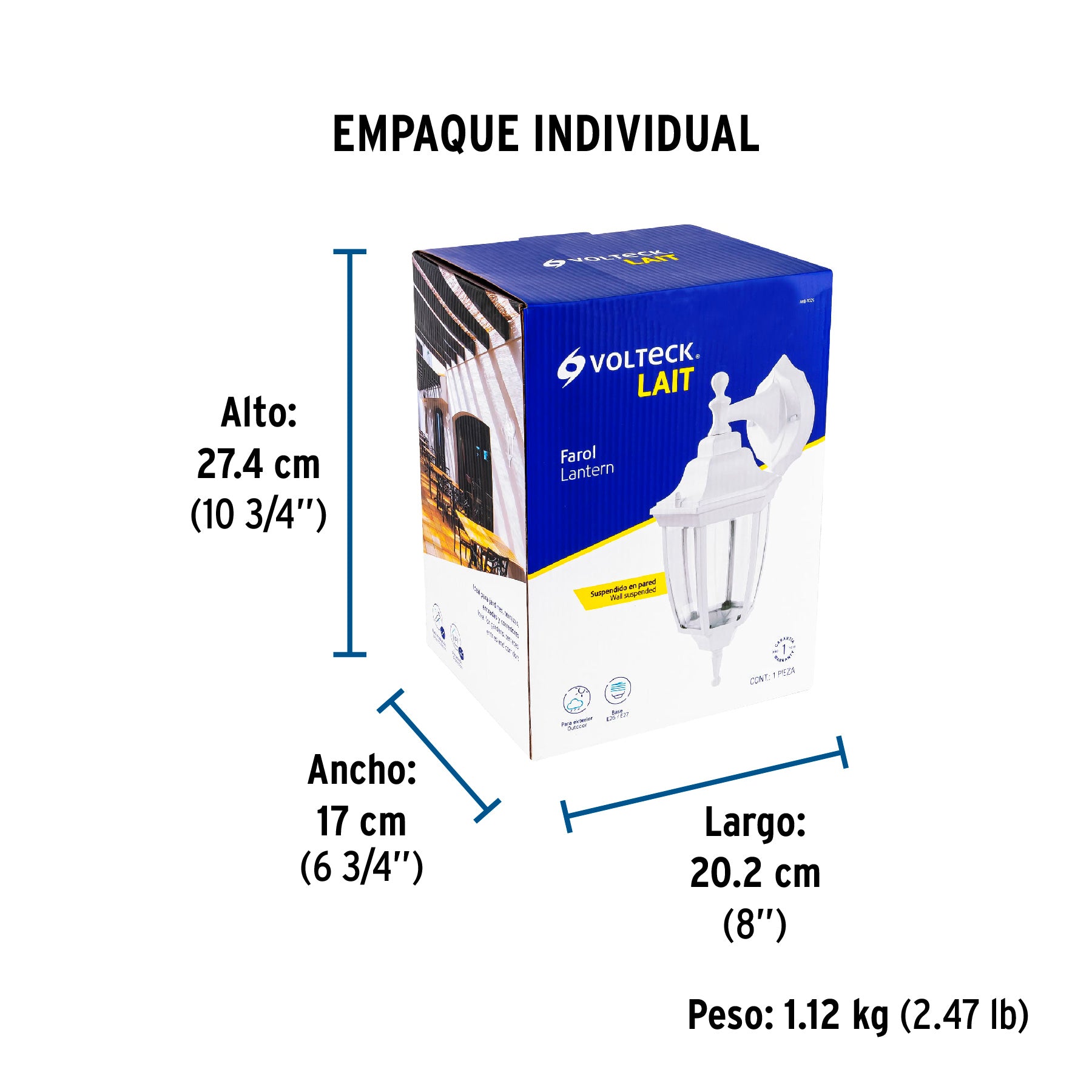 Arbotante tipo farol tradicional suspendido p/exterior, bco. | ARB-102S | 47290