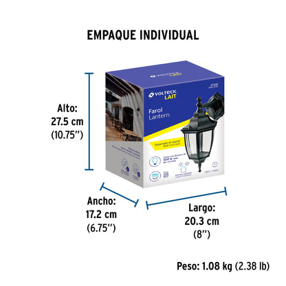 Arbotante tipo farol tradicional suspendido p/exterior negro | ARB-103S | 47291