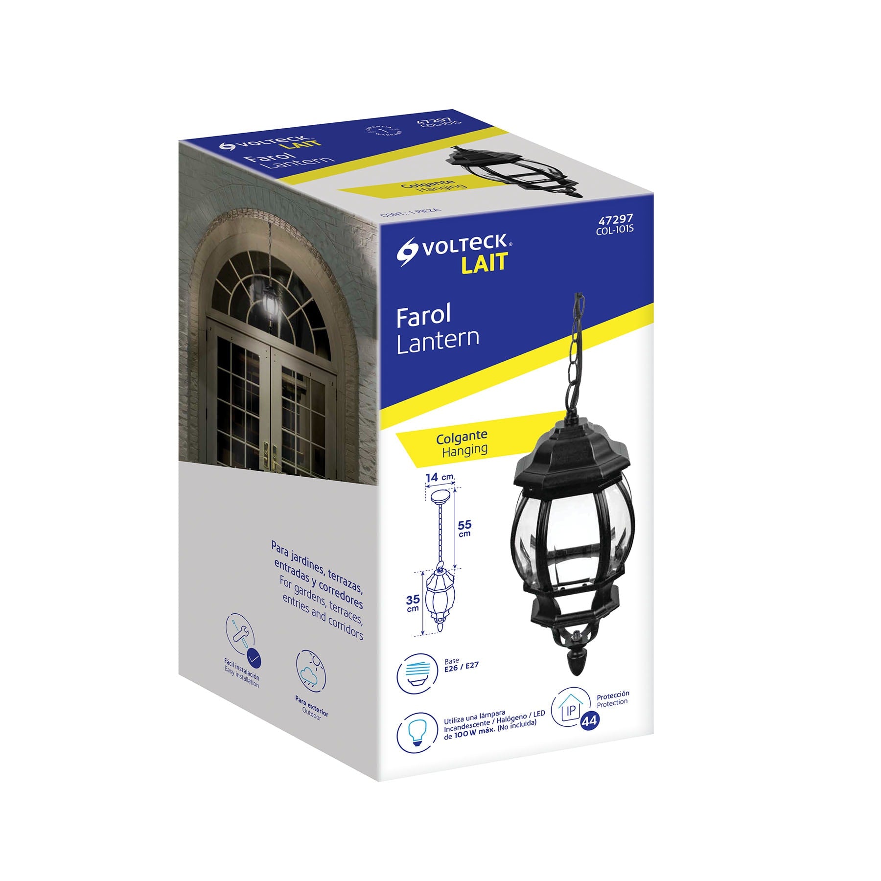 Arbotante tipo farol tradicional colgante p/exterior, negro | COL-101S | 47297