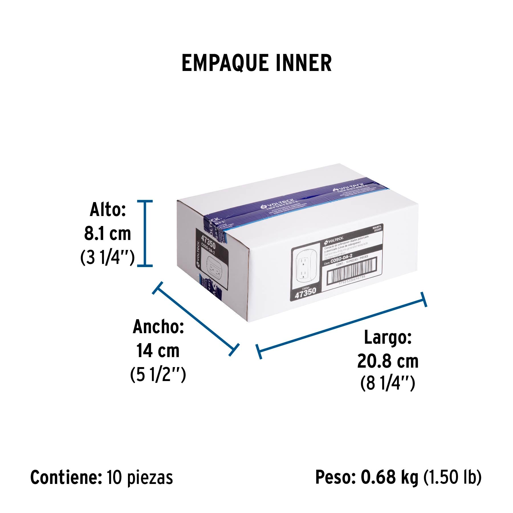 Contacto de sobreponer dúplex 2 polos+ tierra, ABS, Volteck | COSO-DA-2 | 47350
