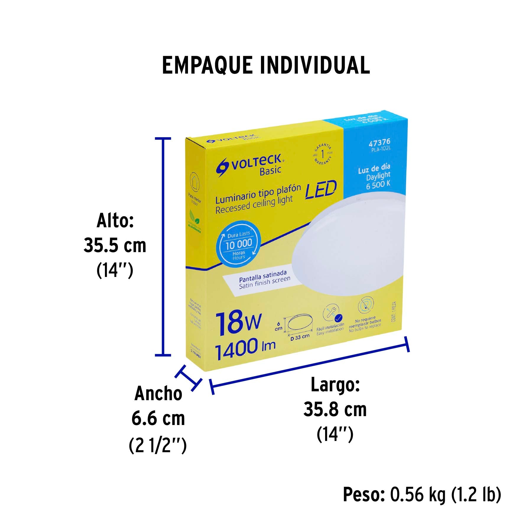 Luminario LED plafón decorativo 18W 6500K, liso, BASIC | PLA-102L | 47376