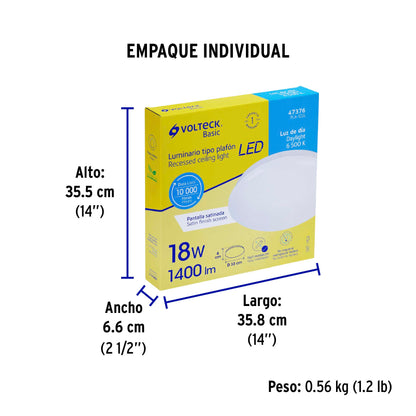 Luminario LED plafón decorativo 18W 6500K, liso, BASIC | PLA-102L | 47376
