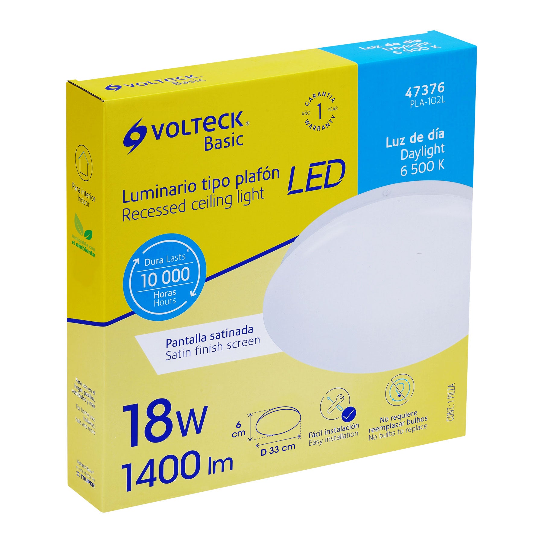 Luminario LED plafón decorativo 18W 6500K, liso, BASIC | PLA-102L | 47376