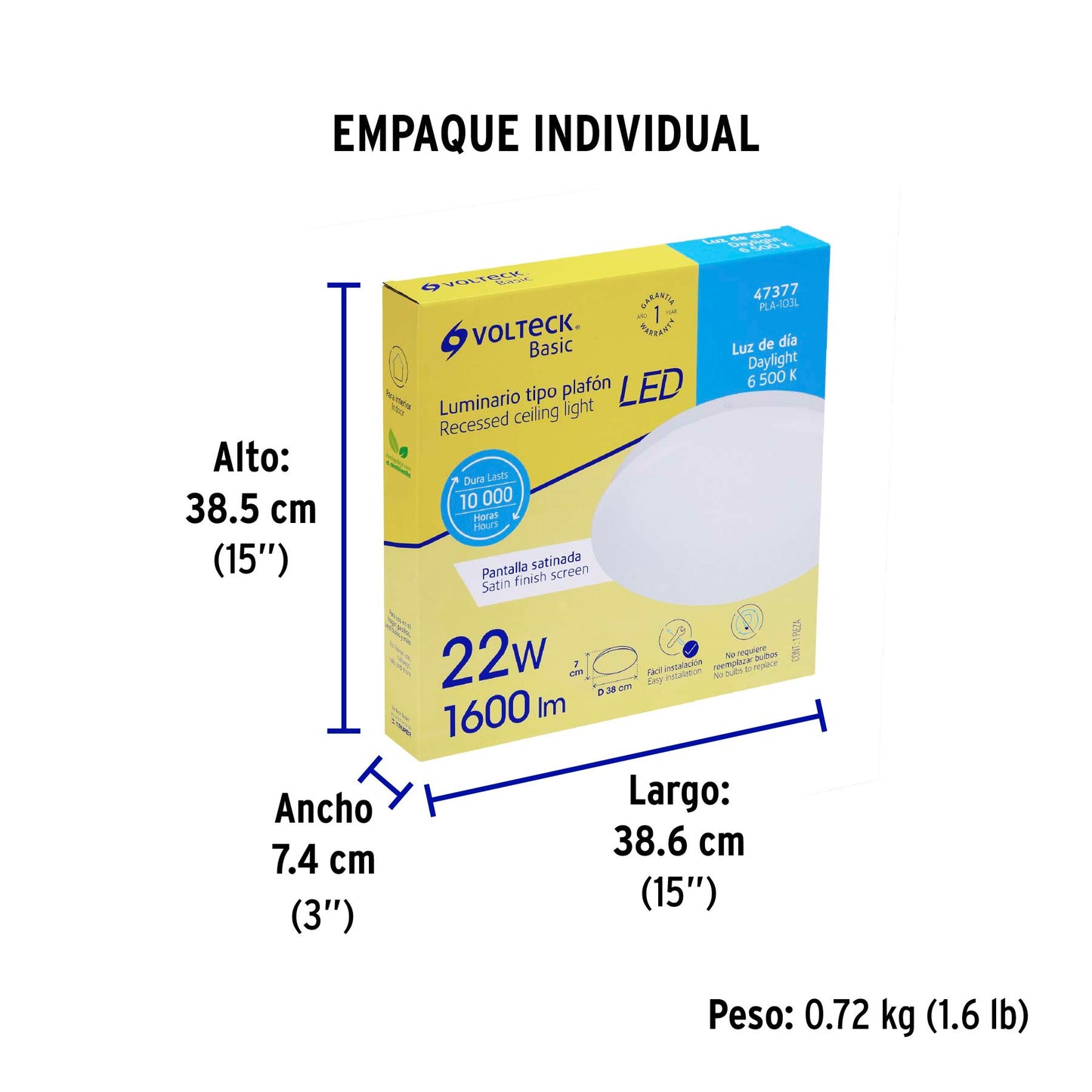 Luminario LED plafón decorativo 22W 6500K, liso, BASIC | PLA-103L | 47377