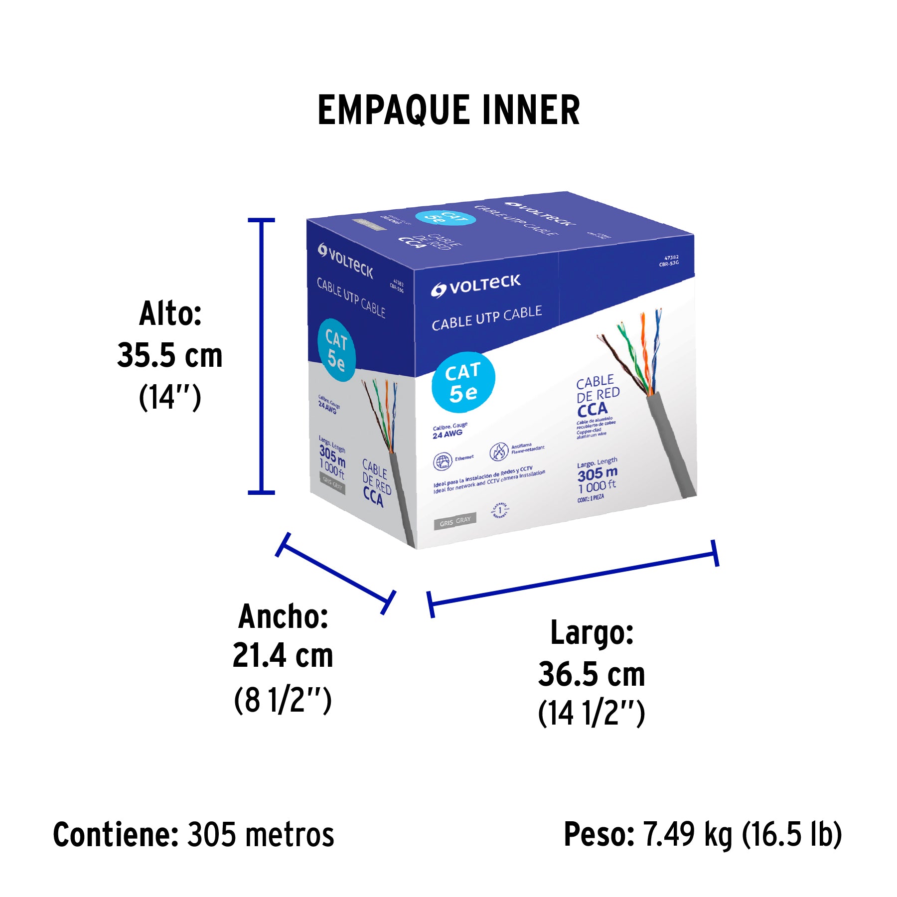 Metro de cable UTP CAT5E, Bobina de 305m, gris, VOLTECK | CBR-53G | 47382