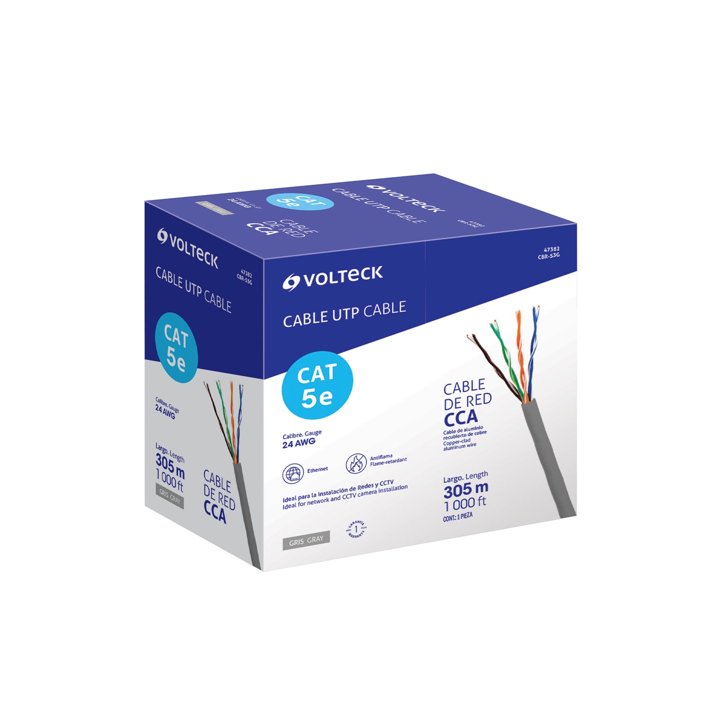 Metro de cable UTP CAT5E, Bobina de 305m, gris, VOLTECK | CBR-53G | 47382