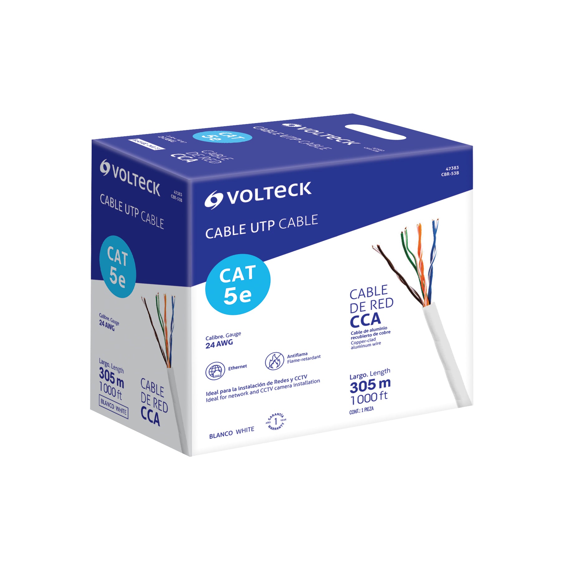 Metro de cable UTP CAT5E, Bobina de 305m, blanco, VOLTECK | CBR-53B | 47383